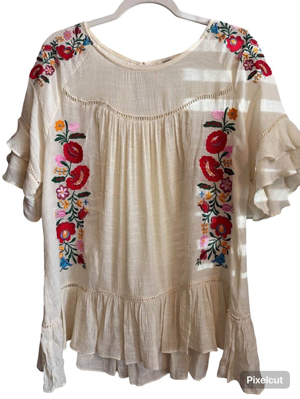 Umgee Cream Embroidered Ruffle Sleeve Tunic